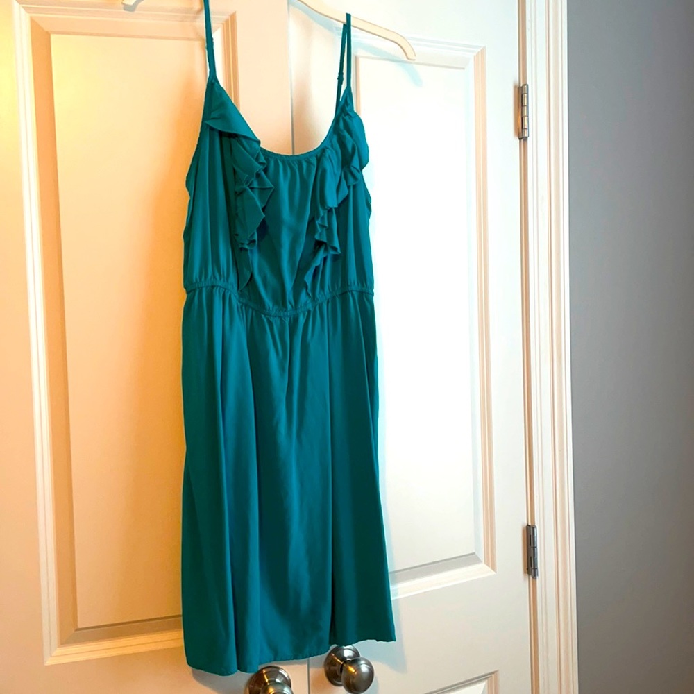 Teal front ruffle mini dress